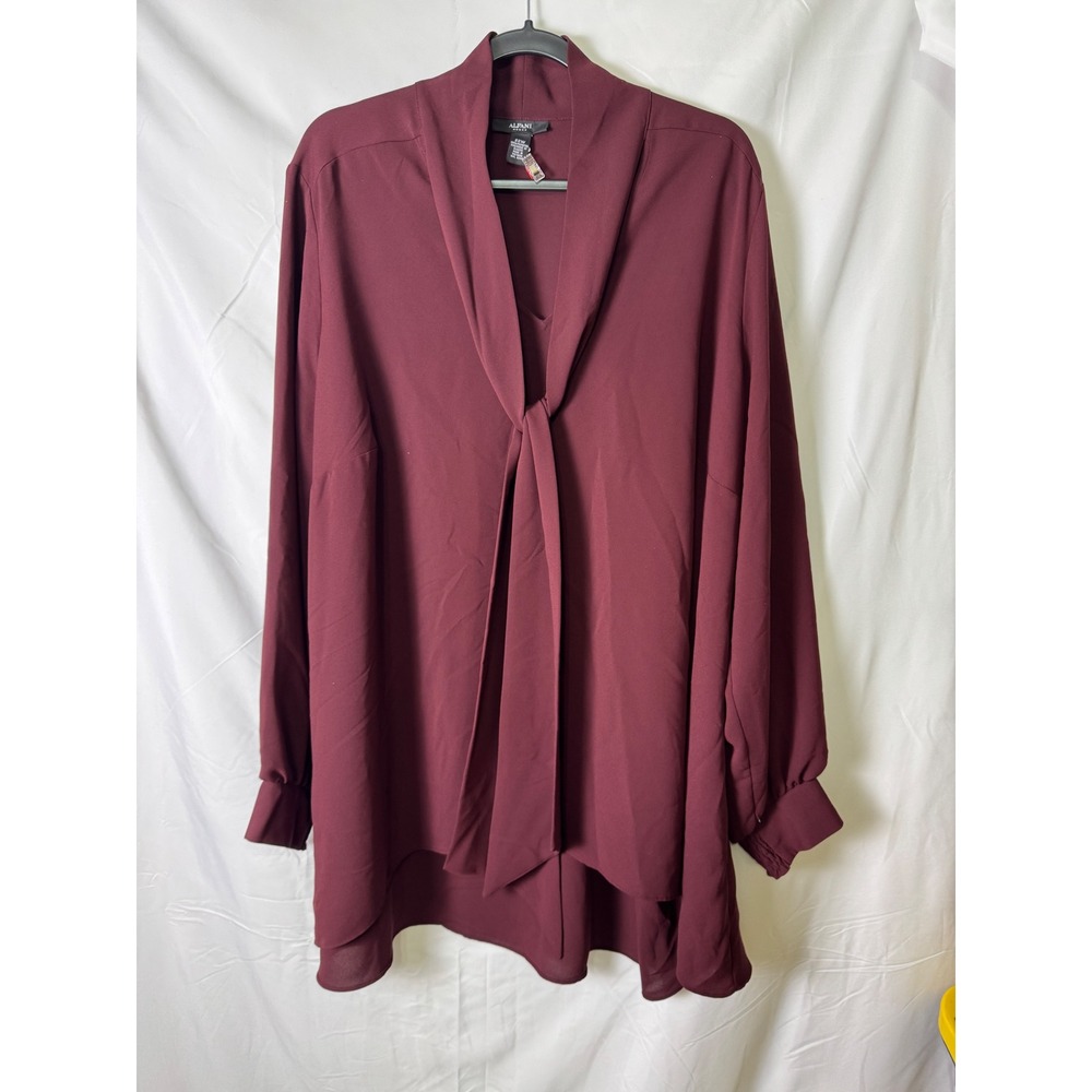 Alfani Woman 22W Burgundy Tie Neck Long Sleeve‎ High Low Blouse Maroon Plus Size